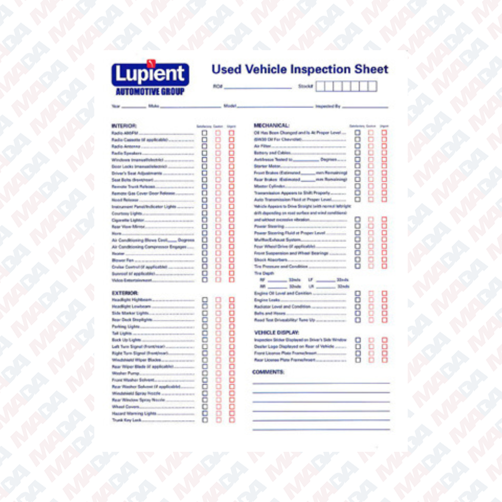 Used Vehicle Inspection Sheet - Lupient Automotive Group (250 pack)