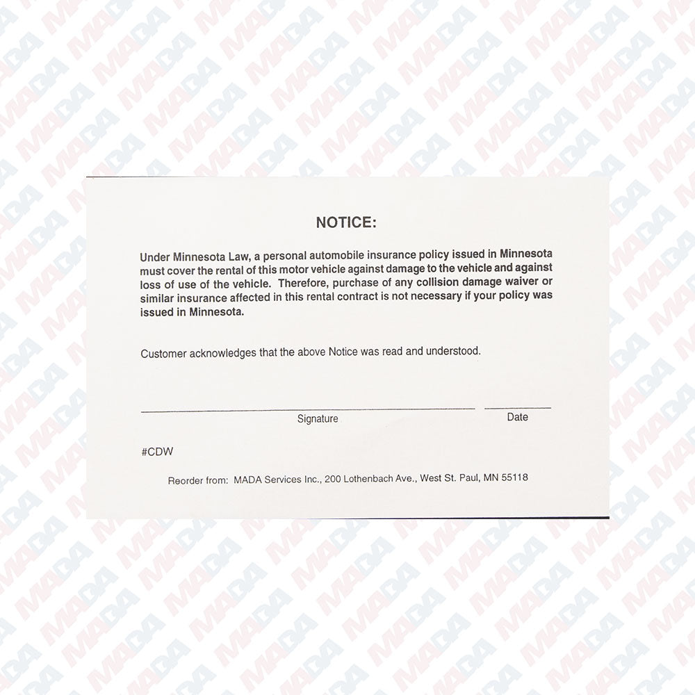Collision Damage Waiver(8/88 (50 pack)