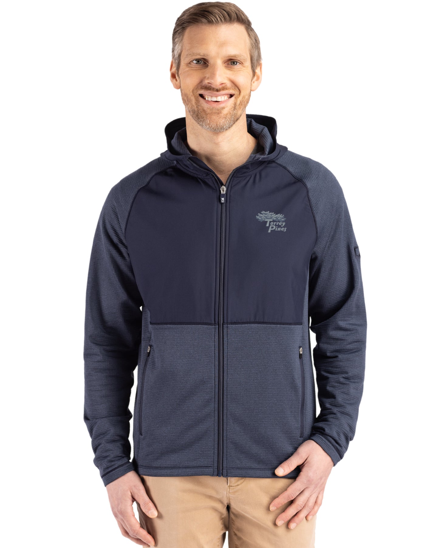 Torrey Pines Cutter & Buck Peshastin Recycled Grid Fleece Mens Hybrid Hooded Full Zip Jacket