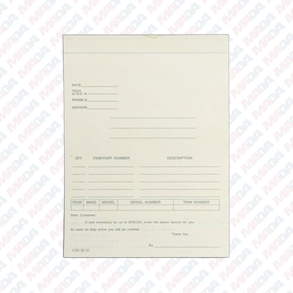 Parts Backorder Form (100 pack)