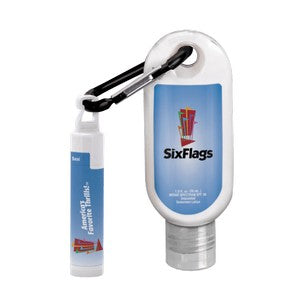 1.9 oz SPF 30 Sunscreen with Carabiner and SPF 15 Lip Balm in White Tube with Hook Cap