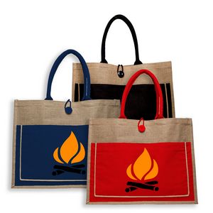 Two Tone Jute Tote Bag w/ Front Pocket & Colored Handles & Gusset (17.75" x 13.75")