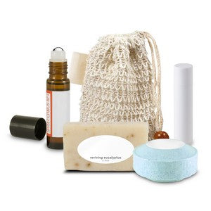 Loofah Bag with Roll-on Oil, Mini Soap, Shower Steamer, and Lip Balm with Sewn-in Tag