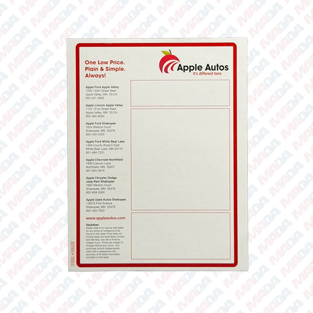 Used Car Window Sticker - Apple Auto Group (250 pack)