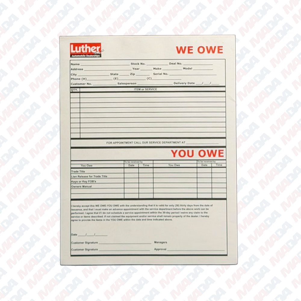 We Owe You Owe Form (100 Pack)