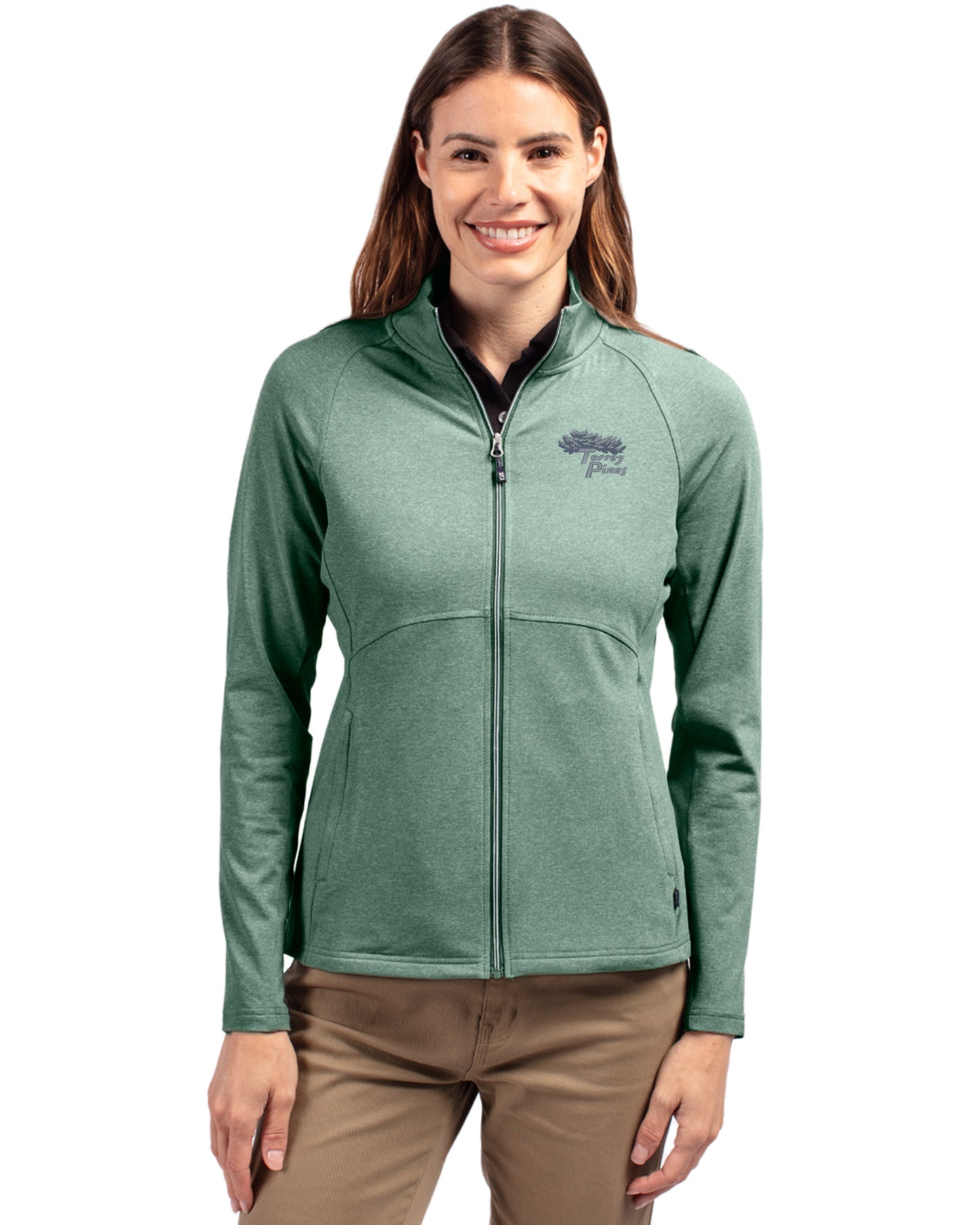 Torrey Pines Cutter & Buck Adapt Recycled Soft Knit Stretch Womens Heathered Full Zip Jacket