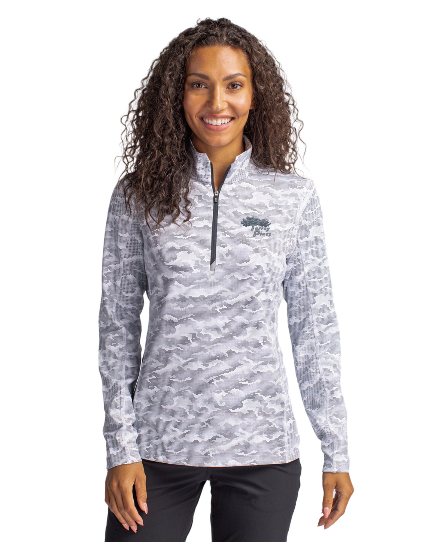 Torrey Pines Cutter & Buck Traverse Recycled Smooth Stretch Womens Camo Quarter Zip Pullover
