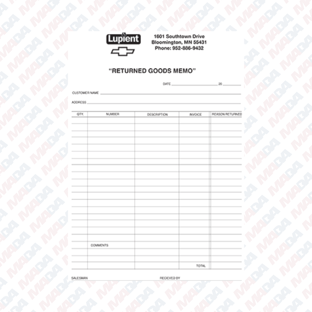 Return Goods Memo - Lupient (250 pack)