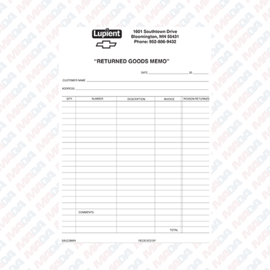 Return Goods Memo - Lupient (250 pack)