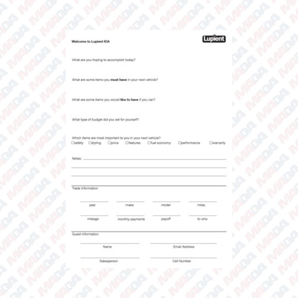 Guest Worksheets - Lupient Kia BP (1 pack)