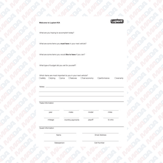 Guest Worksheets - Lupient Kia BP (1 pack)
