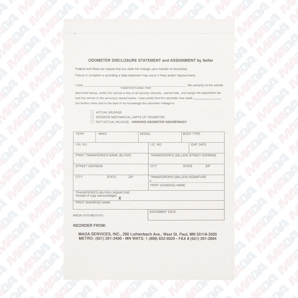 Odometer/Bill Of Sale (100 Pack)