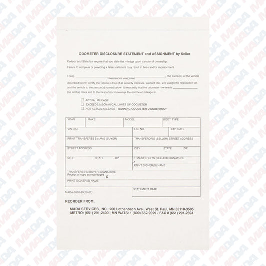 Odometer/Bill Of Sale (100 Pack)