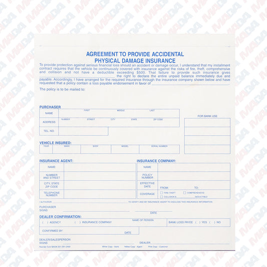 Agreement To Provide Insurance (100 per pack)