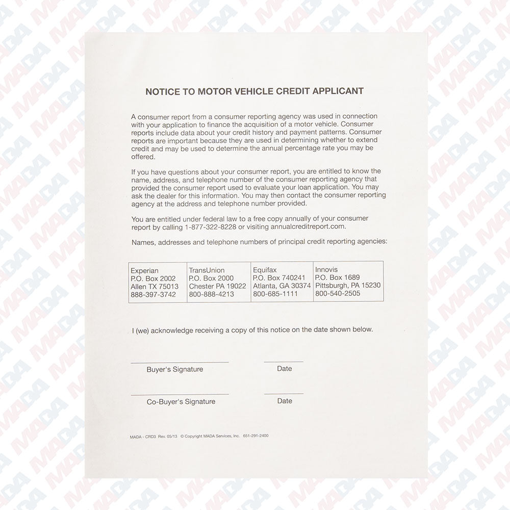 Credit Report Disclosure Form- 3 Part (100 Pack)