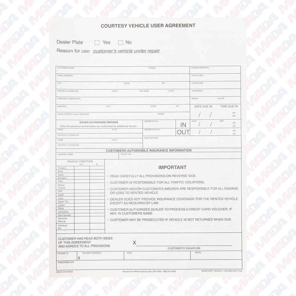 Courtesy Vehicle User Agreement - 2 Part