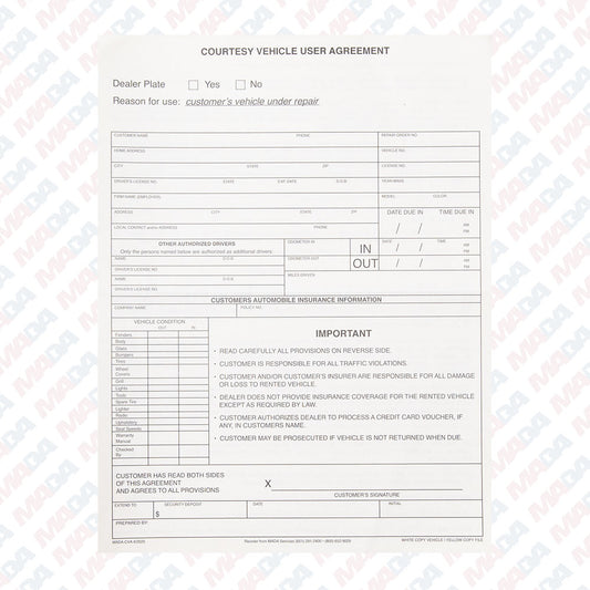 Courtesy Vehicle User Agreement - 2 Part