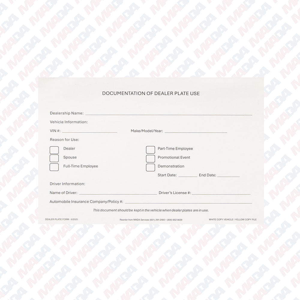 Dealer Plate Documentation Form - 2 Part