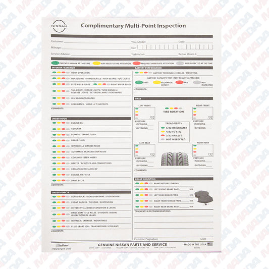 Nissan Multi Point Vehicle Inspection (250 Pack)