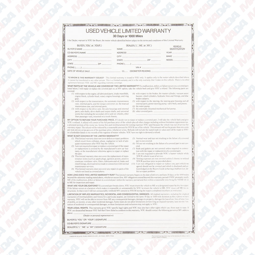 30 Day Used Car Warranty/88 (250 Pack)