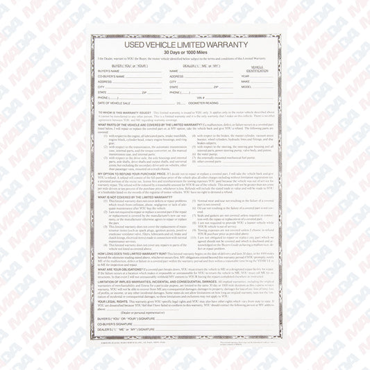 30 Day Used Car Warranty/88 (250 Pack)