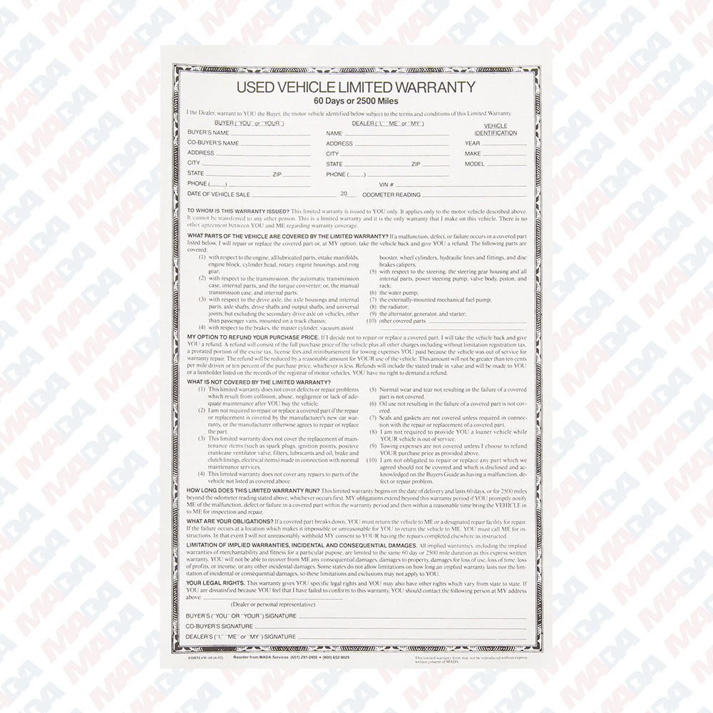 60 Day Used Car Warranty/88 (250 Pack)