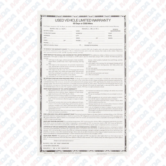 60 Day Used Car Warranty/88 (250 Pack)