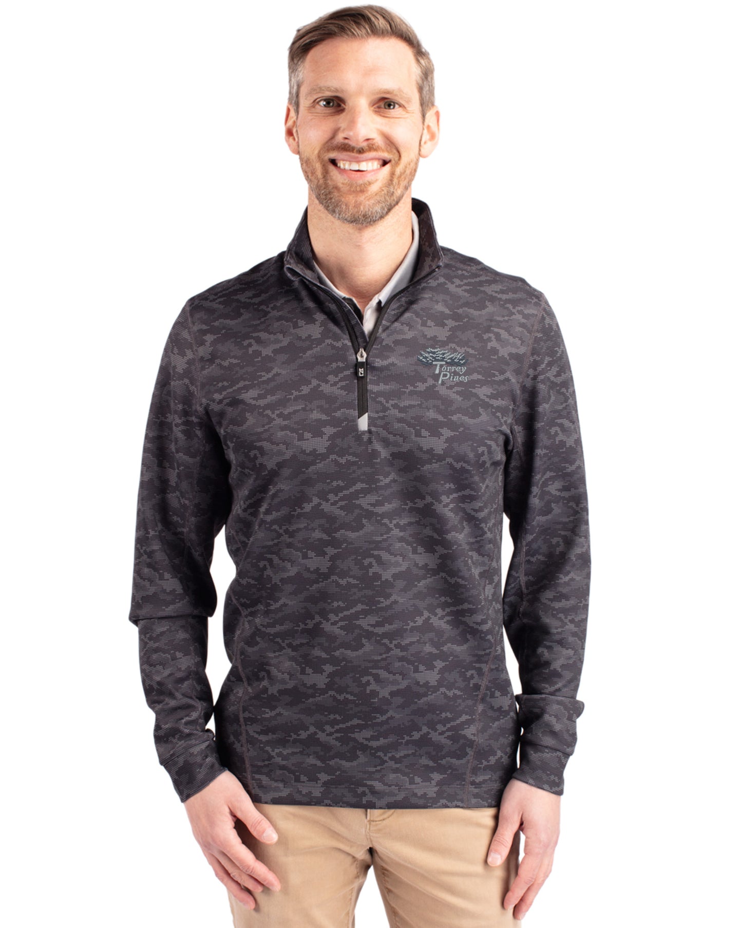 Torrey Pines Cutter & Buck Traverse Recycled Smooth Stretch Mens Camo Quarter Zip Pullover