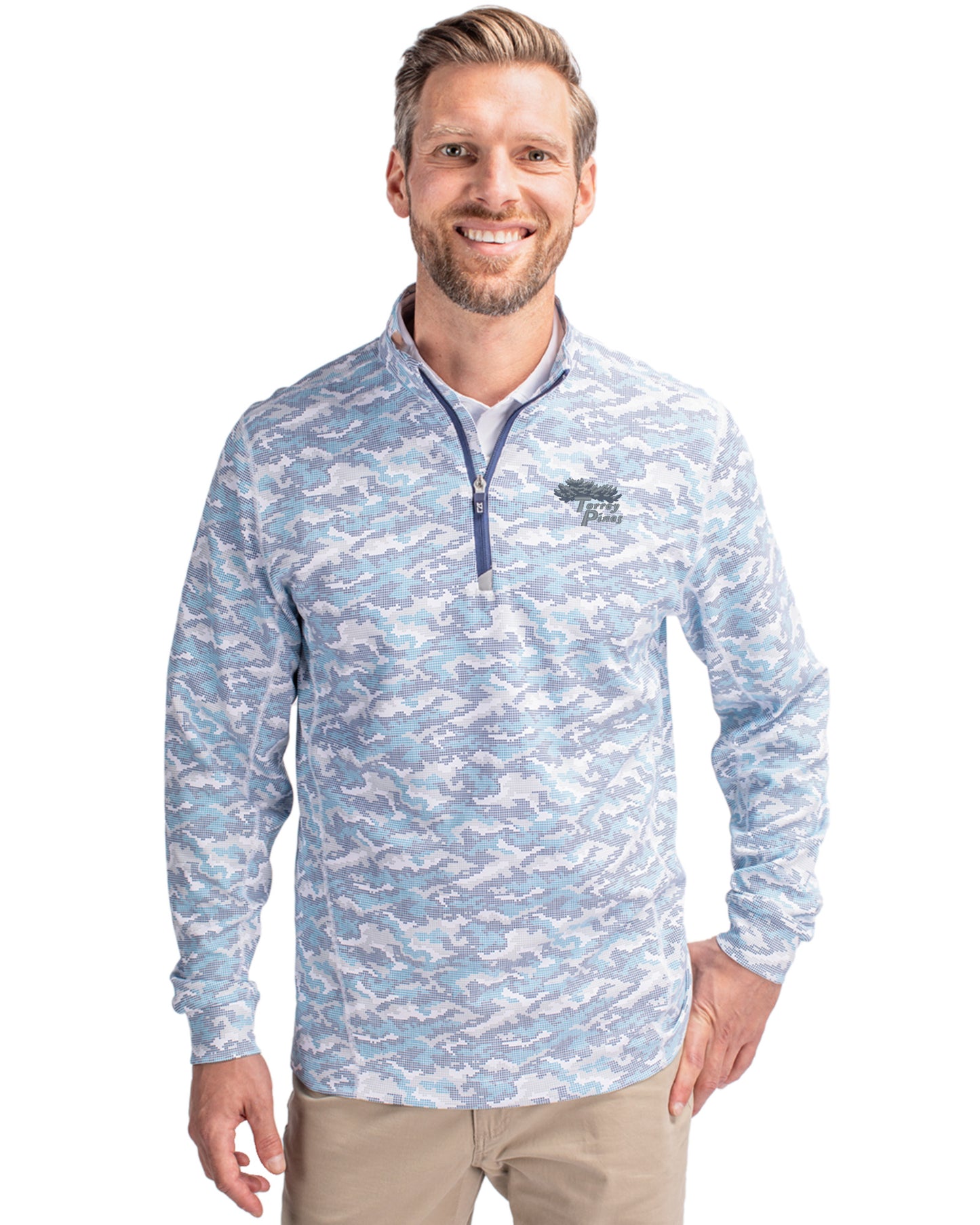 Torrey Pines Cutter & Buck Traverse Recycled Smooth Stretch Mens Camo Quarter Zip Pullover