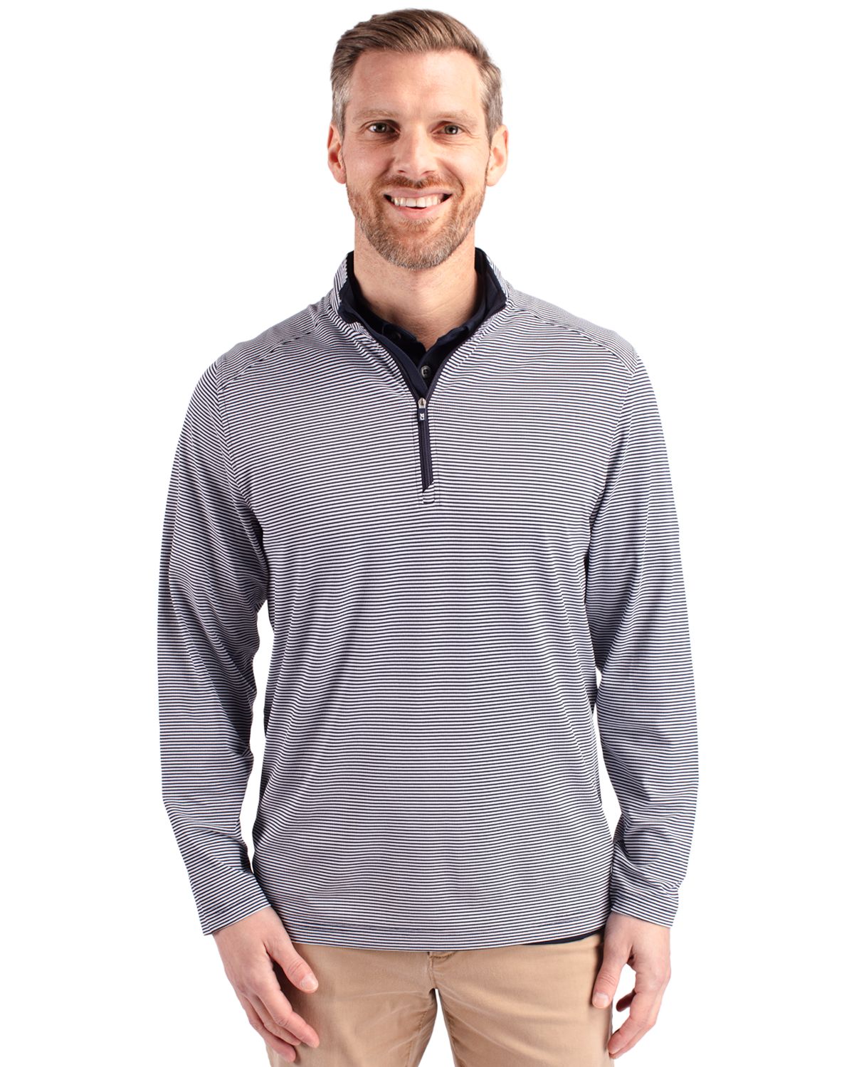 Cutter & Buck Virtue Recycled Micro Stripe Featherlight Pique Mens Big & Tall Quarter Zip Pullover