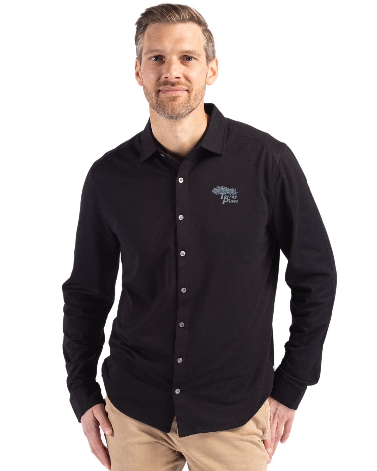 Torrey Pines Cutter & Buck Advantage Recycled Cotton-Blend Pique Mens Long Sleeve Button Down Shirt