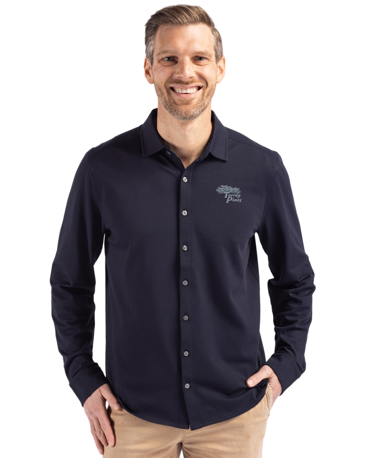 Torrey Pines Cutter & Buck Advantage Recycled Cotton-Blend Pique Mens Long Sleeve Button Down Shirt