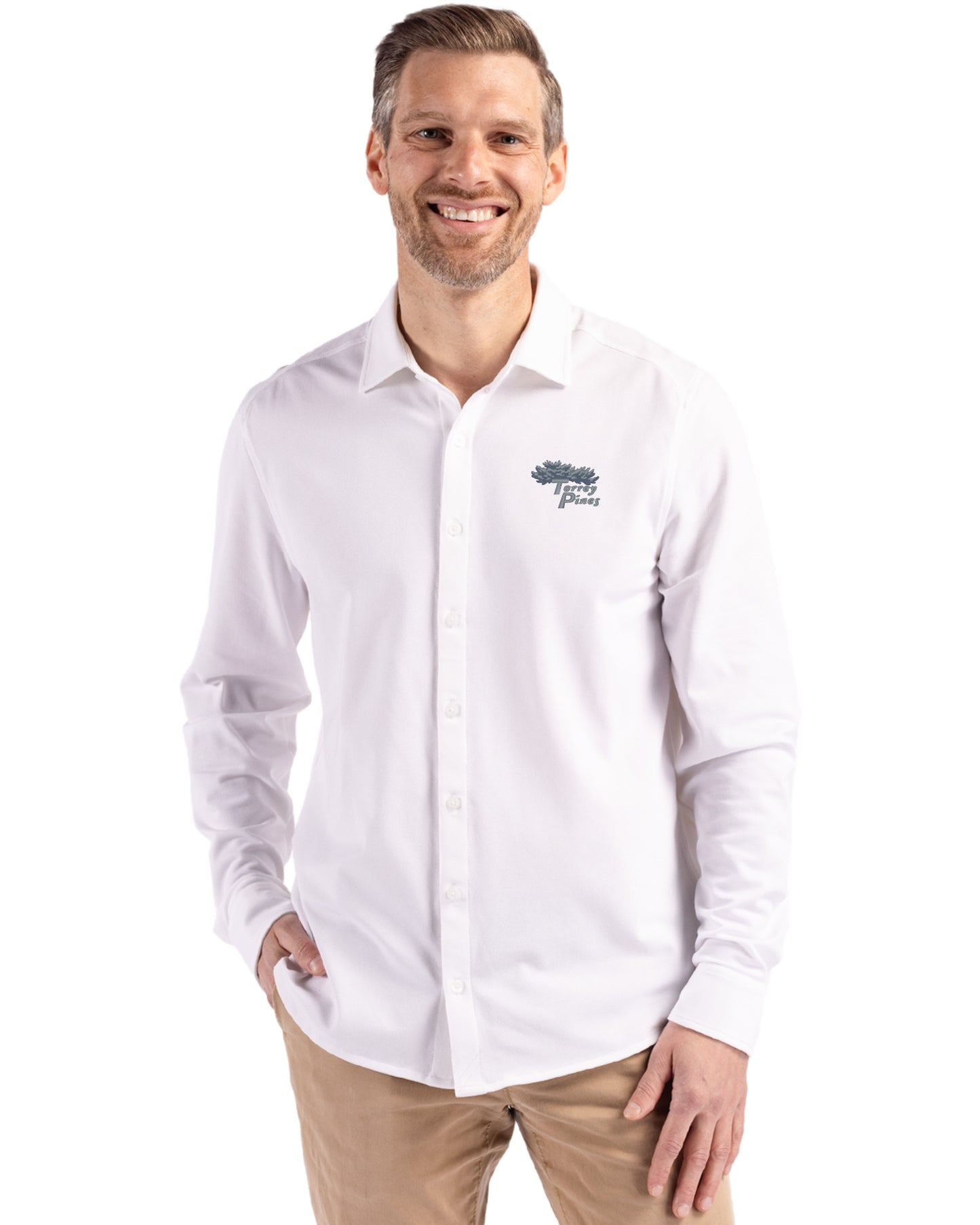 Torrey Pines Cutter & Buck Advantage Recycled Cotton-Blend Pique Mens Long Sleeve Button Down Shirt