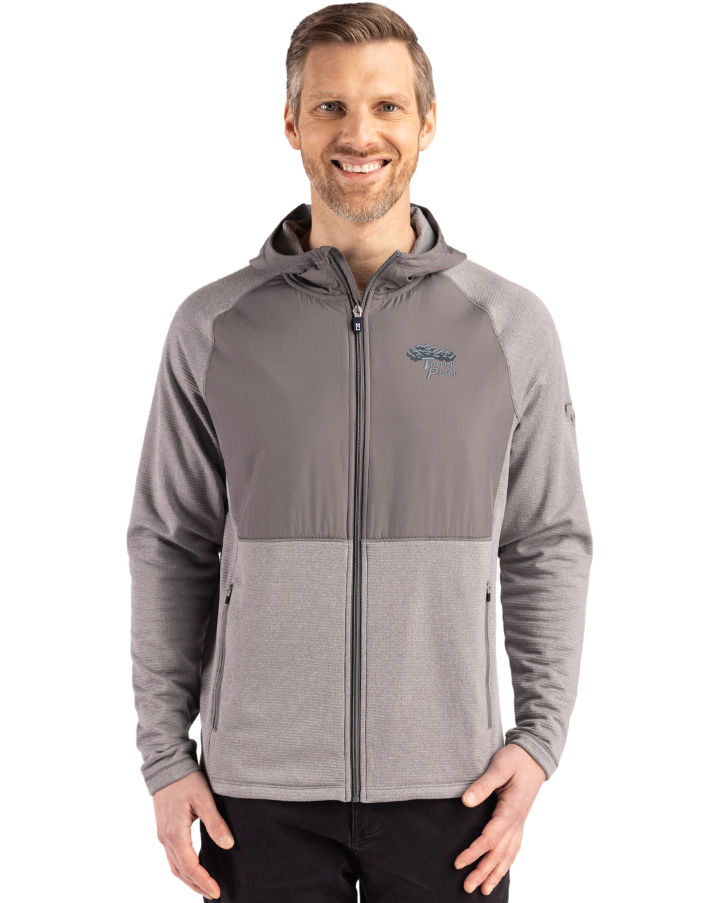 Torrey Pines Cutter & Buck Peshastin Recycled Grid Fleece Mens Hybrid Hooded Full Zip Jacket