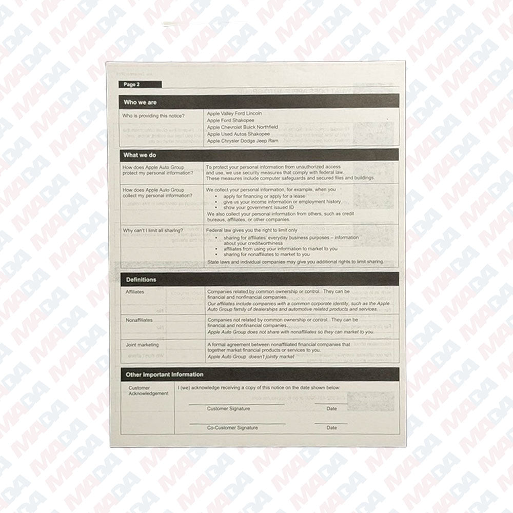 Privacy Form - Apple Auto Group (250 Pack)