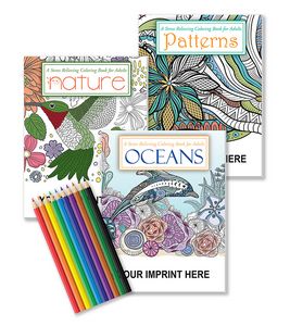 Gift Pack - 3 Stress Relieving Coloring Books for Adults + 10-Pack of Colored Pencils