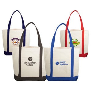 10 Oz. Cotton Canvas Boat Tote Bags Front Pocket, Color Contrasting Handle W/ Gusset (12"x14"x5")
