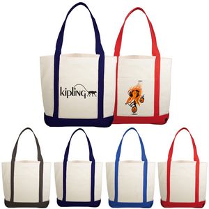 10 Oz. Cotton Canvas Boat Tote Bags Front Pocket, Color Contrasting Handle W/ Gusset (12"x14"x5")