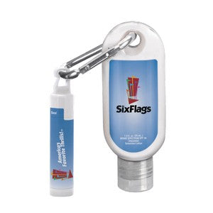 1.9 oz SPF 30 Sunscreen with Carabiner and SPF 15 Lip Balm in White Tube with Hook Cap