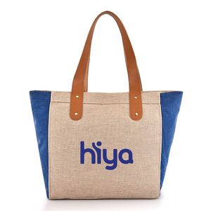 Leather Handle Jute Tote w/Contrasting Side Gussets (21.25"x13.4"x7")
