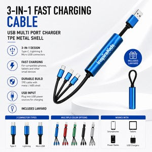 3-in-1 Fast Charging Cable USB Multi Port Charger TPE Metal Shell