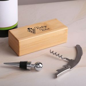2 Piece Bamboo Wine Opener Set w/Magnetic Closure