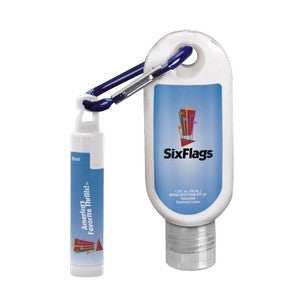 1.9 oz SPF 30 Sunscreen with Carabiner and SPF 15 Lip Balm in White Tube with Hook Cap