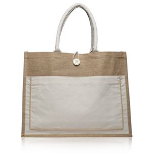 Two Tone Jute Tote Bag w/ Front Pocket & Colored Handles & Gusset (17.75" x 13.75")