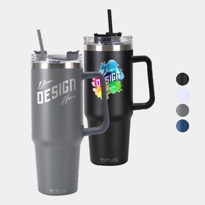 Premium 30 oz TiTUS® Double Wall Stainless Steel Insulated Travel Mug with Straw & Handle