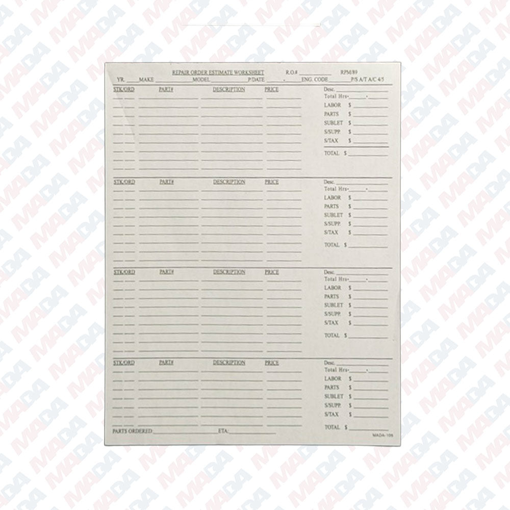 Repair Order Estimate Worksheet - Maplewood Toyota (2750 Pack)