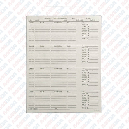 Repair Order Estimate Worksheet - Maplewood Toyota (2750 Pack)