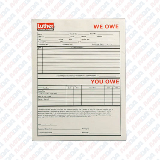 We Owe You Owe Form (100 Pack)
